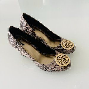 CLEARANCE Snakeskin Wedge Heels. Goldtone metal accent.